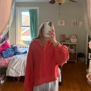 aerie Coral Button-Neck Pullover Hoodie